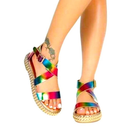 Bamboo Women's Size 10 Strappy Sandals Rainbow Iridescent Buckle Closure Flats - Picture 1 of 10